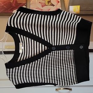 Sugar Moon V-Neck Button Closure Black and White Crop Striped Sweater Vest